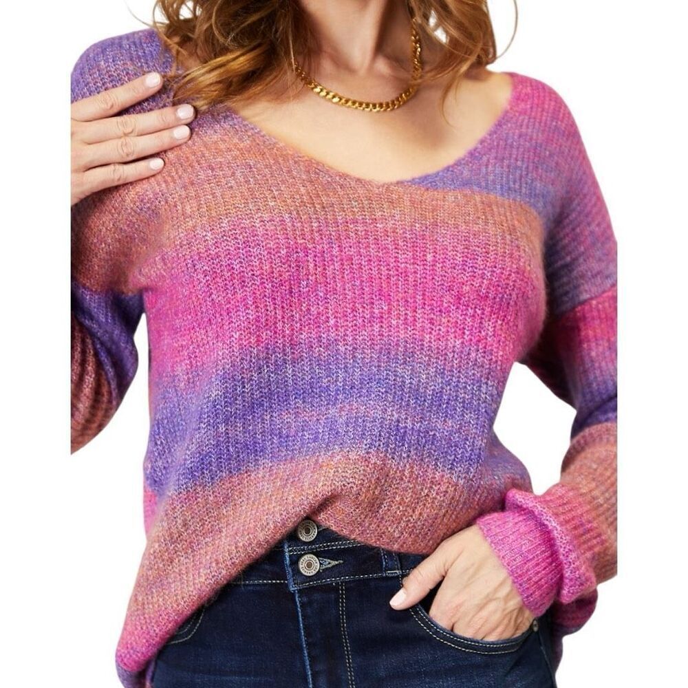 Purple Pink Ombre Rib-Knit V-Neck Knit Pullover Sweater NWT - Double Take - Picture 7 of 10